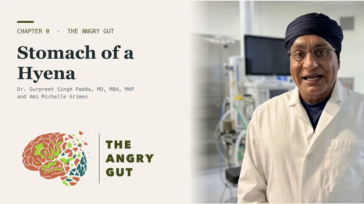 Title card for You Have the Stomach of a Hyena, The Angry Gut Chapter 0, showing Dr. Padda