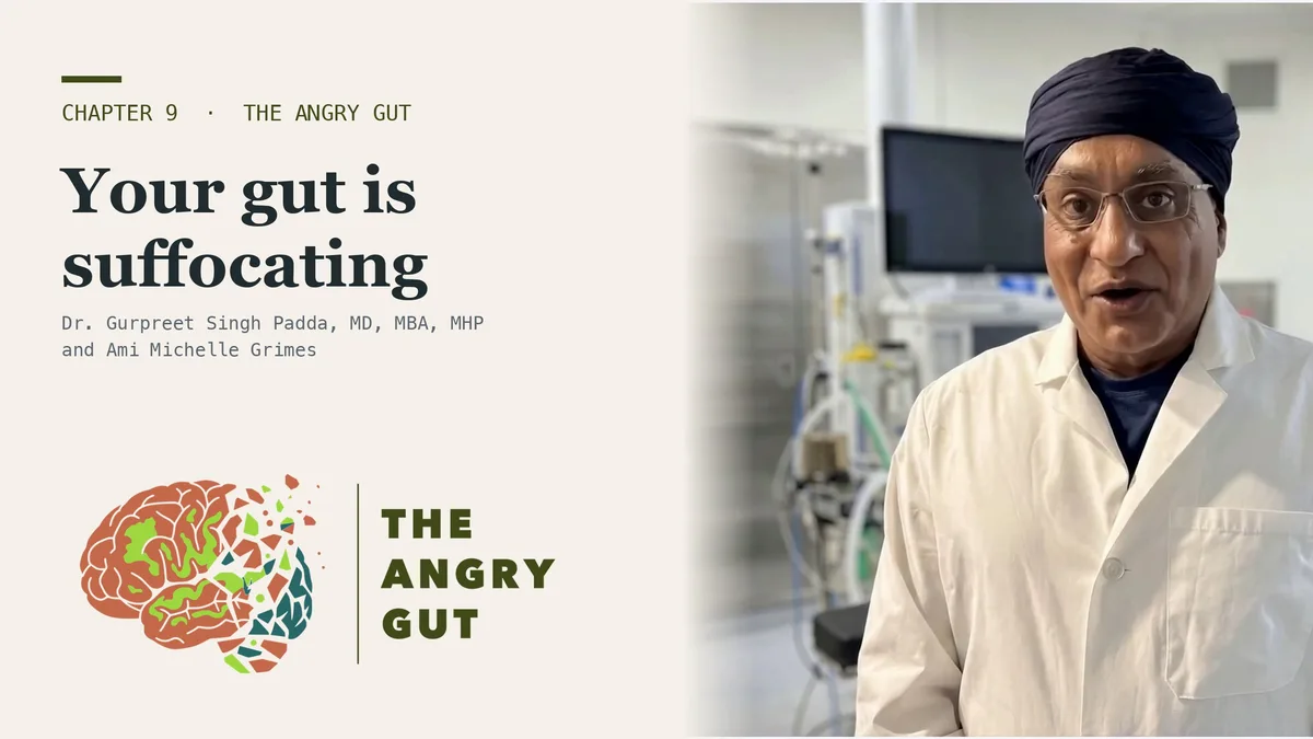 Title card for Your Gut Is Suffocating, The Angry Gut Chapter 9, showing Dr. Padda