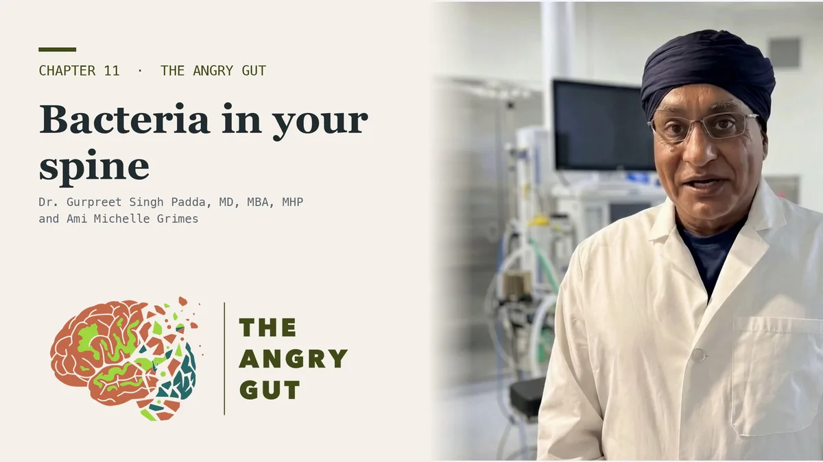 Title card for Your Gut Is Reaching Your Spine, The Angry Gut Chapter 11, showing Dr. Padda