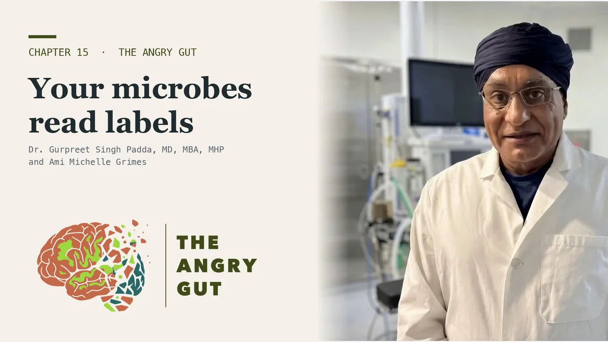 Title card for Your Microbes Read the Label, Not the Macros showing Dr. Padda beside the chapter title text