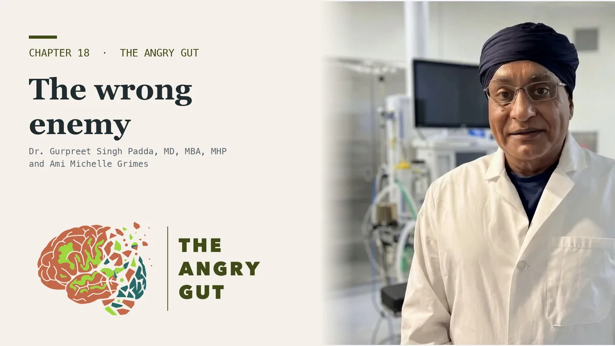 Title card for The Wrong Enemy on Your Stool Report showing Dr. Padda beside the chapter title text