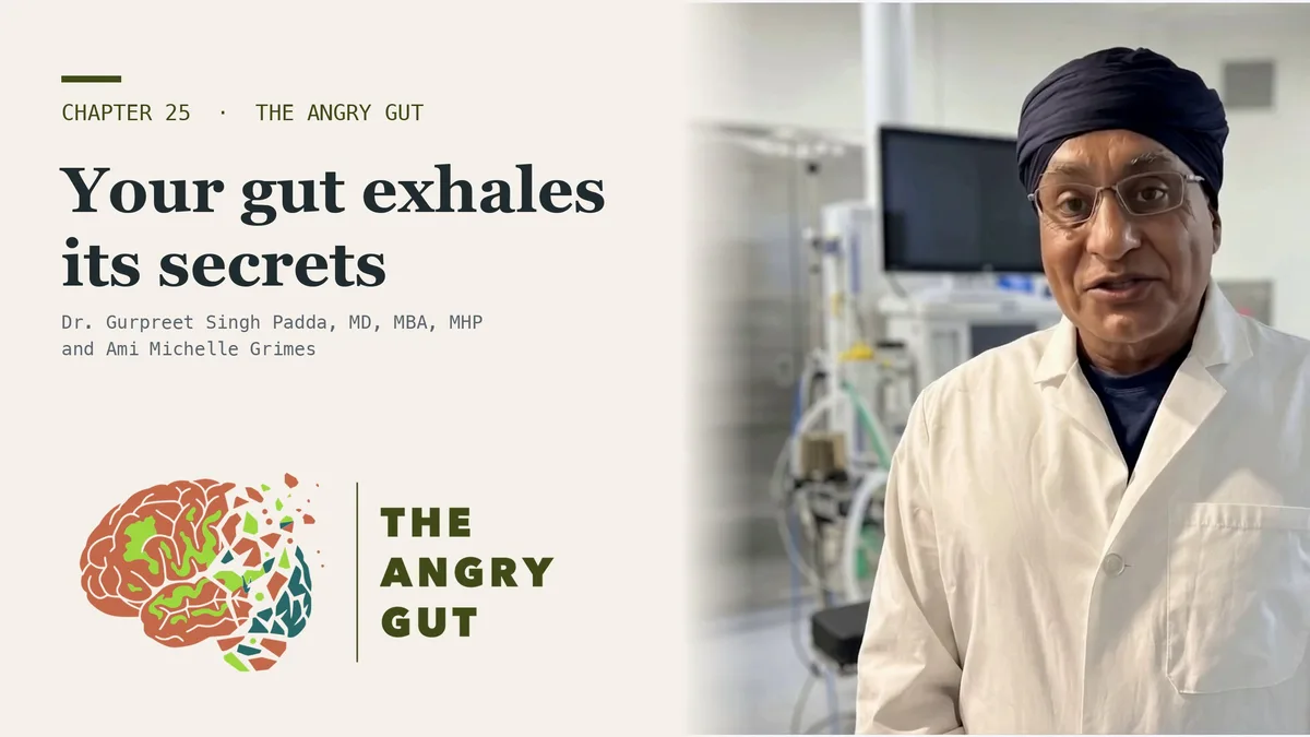 Title card for Your Gut Bacteria Breathe Out Through Your Mouth showing Dr. Padda beside the chapter title text