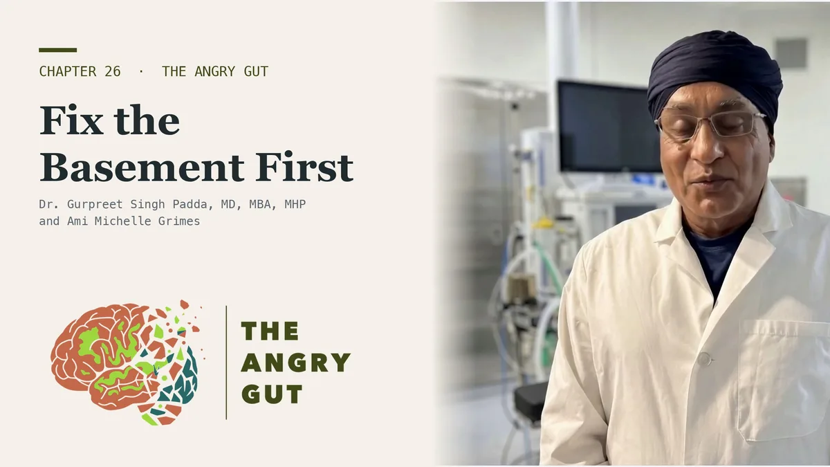 Title card for the Angry Gut Chapter 26 video, Mold Illness: Fix the Basement, Skip the Panel, with Dr. Padda