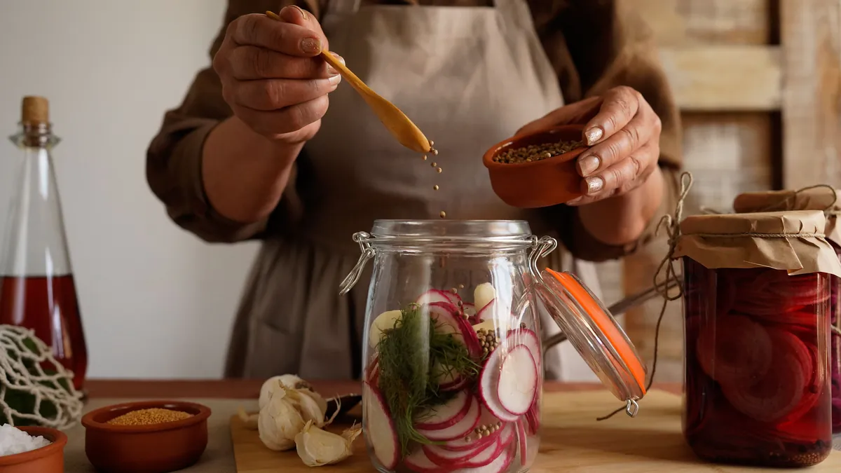 Hands packing sliced vegetables into a glass jar to ferment in a home kitchen