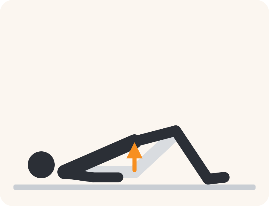 Line drawing of the bridge exercise. The faded figure is the starting position, the dark figure is the finish, and the orange arrow shows the movement.