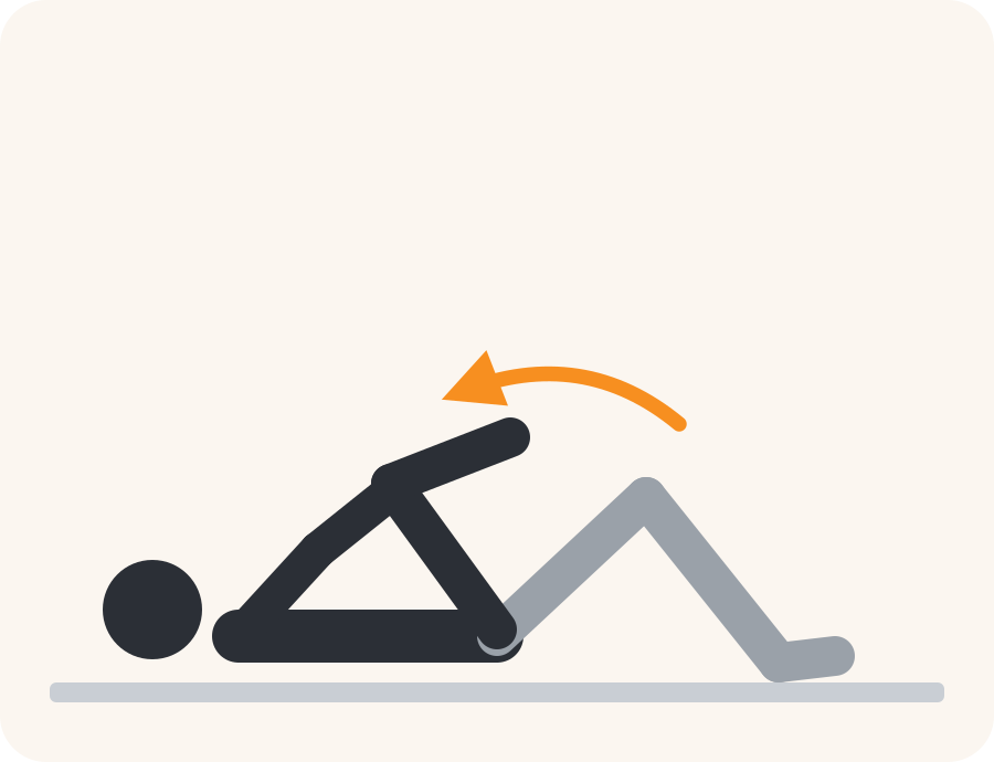 Line drawing of the knee to chest exercise. The faded figure is the starting position, the dark figure is the finish, and the orange arrow shows the movement.