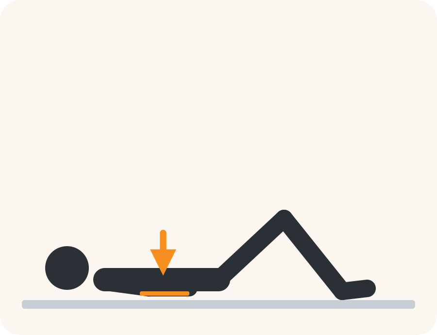 Line drawing of the pelvic tilt exercise. The faded figure is the starting position, the dark figure is the finish, and the orange arrow shows the movement.