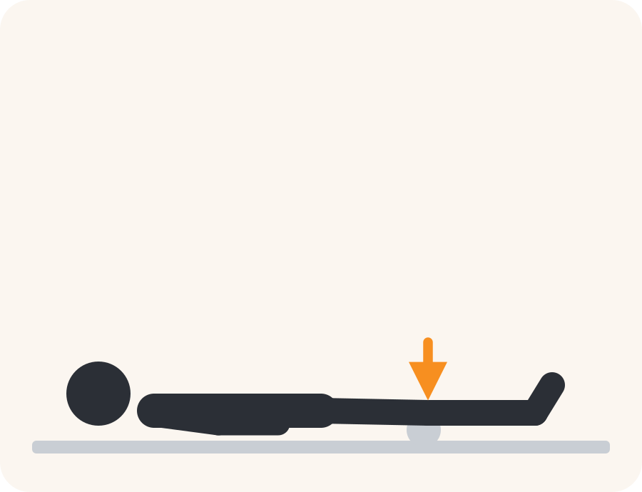 Line drawing of the thigh squeeze exercise. The faded figure is the starting position, the dark figure is the finish, and the orange arrow shows the movement.