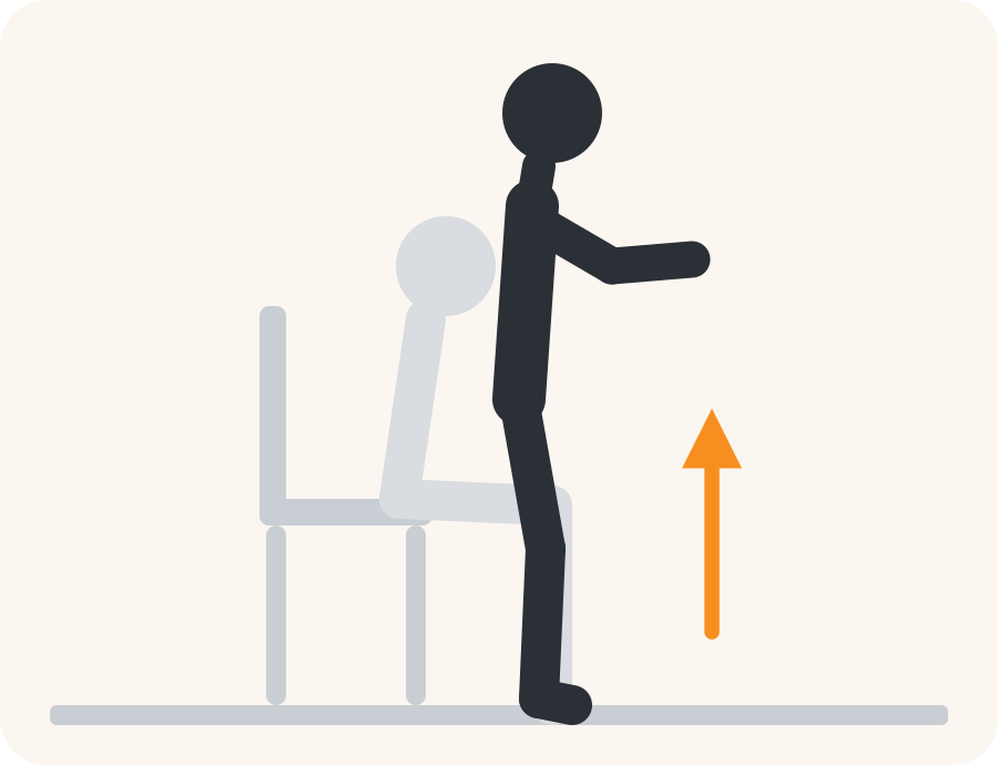 Line drawing of the sit to stand exercise. The faded figure is the starting position, the dark figure is the finish, and the orange arrow shows the movement.
