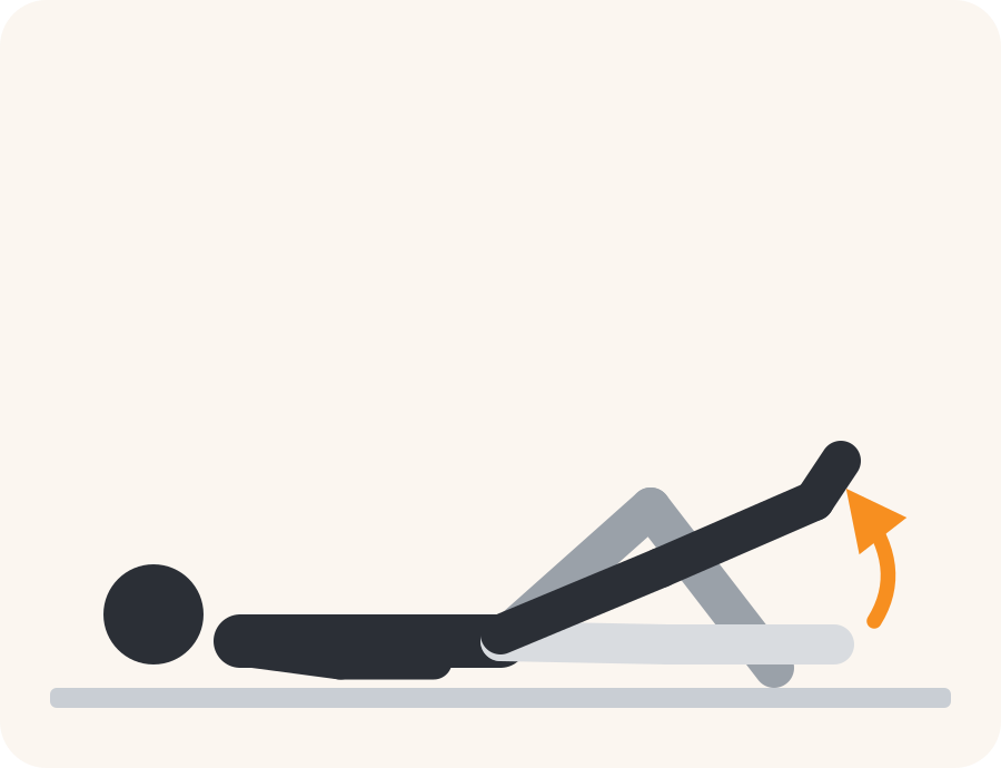 Line drawing of the straight leg raise exercise. The faded figure is the starting position, the dark figure is the finish, and the orange arrow shows the movement.
