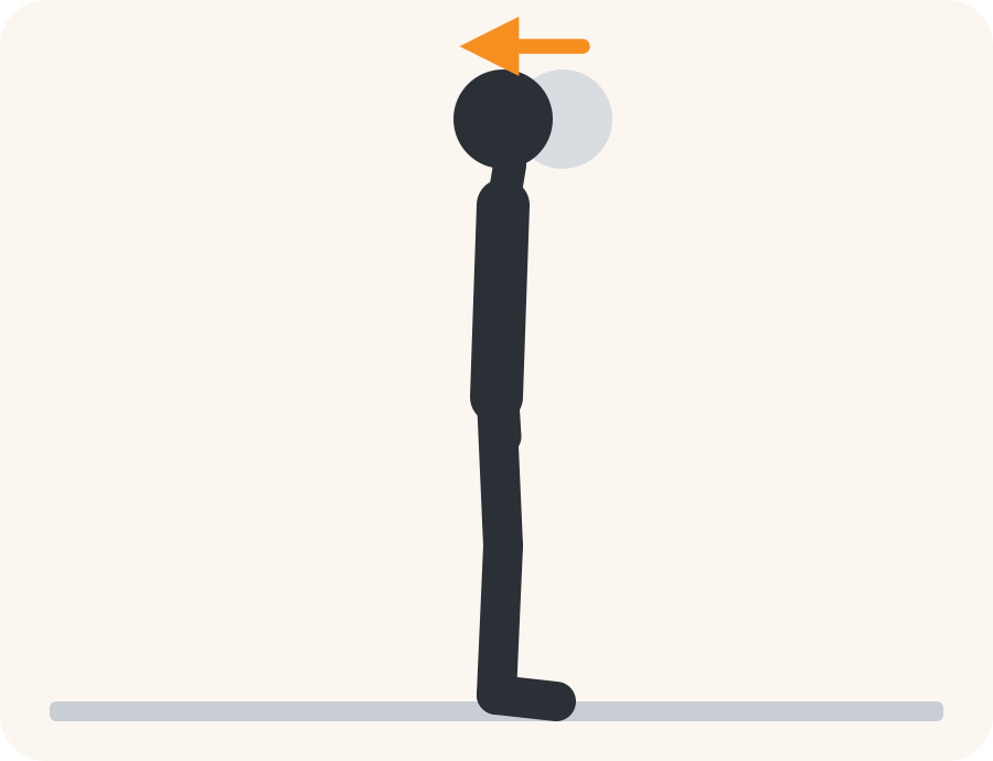 Line drawing of the chin tuck exercise. The faded figure is the starting position, the dark figure is the finish, and the orange arrow shows the movement.