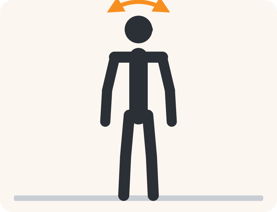 Line drawing of the neck turn exercise. The faded figure is the starting position, the dark figure is the finish, and the orange arrow shows the movement.