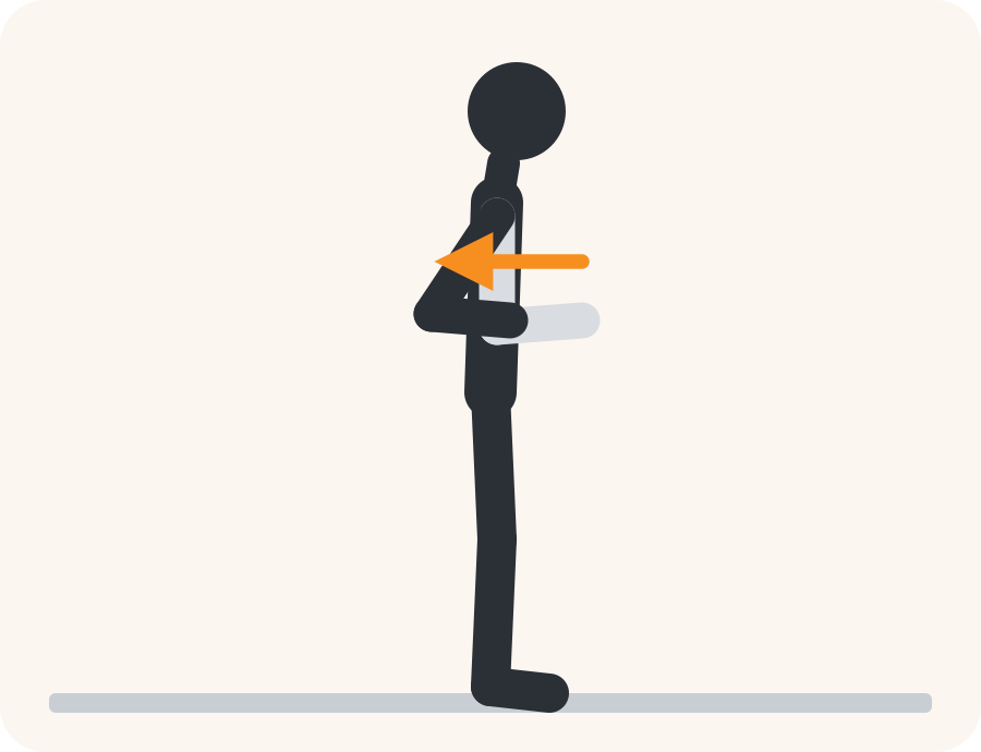 Line drawing of the shoulder blade squeeze exercise. The faded figure is the starting position, the dark figure is the finish, and the orange arrow shows the movement.