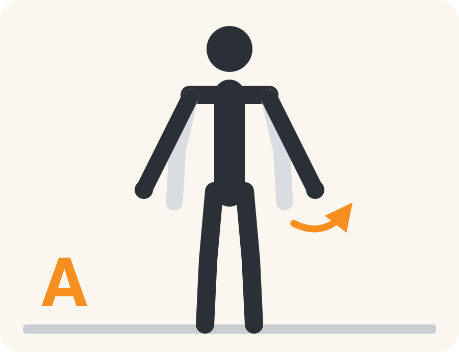 Line drawing of the A press exercise. The faded figure is the starting position, the dark figure is the finish, and the orange arrow shows the movement.