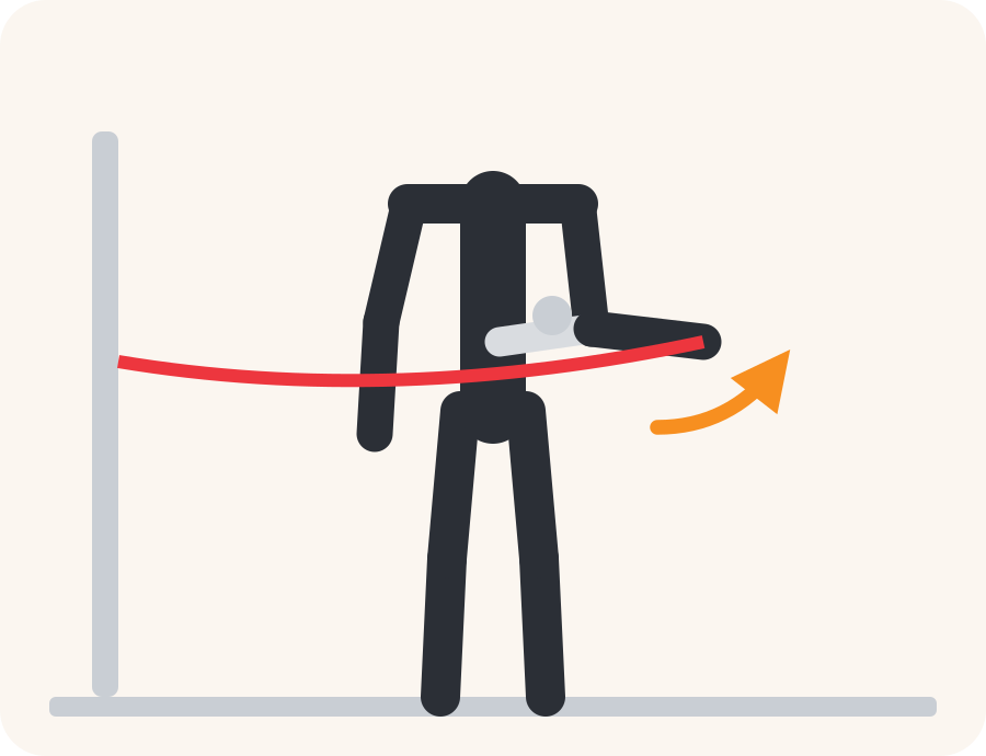 Line drawing of the outward turn with band exercise. The faded figure is the starting position, the dark figure is the finish, and the orange arrow shows the movement.