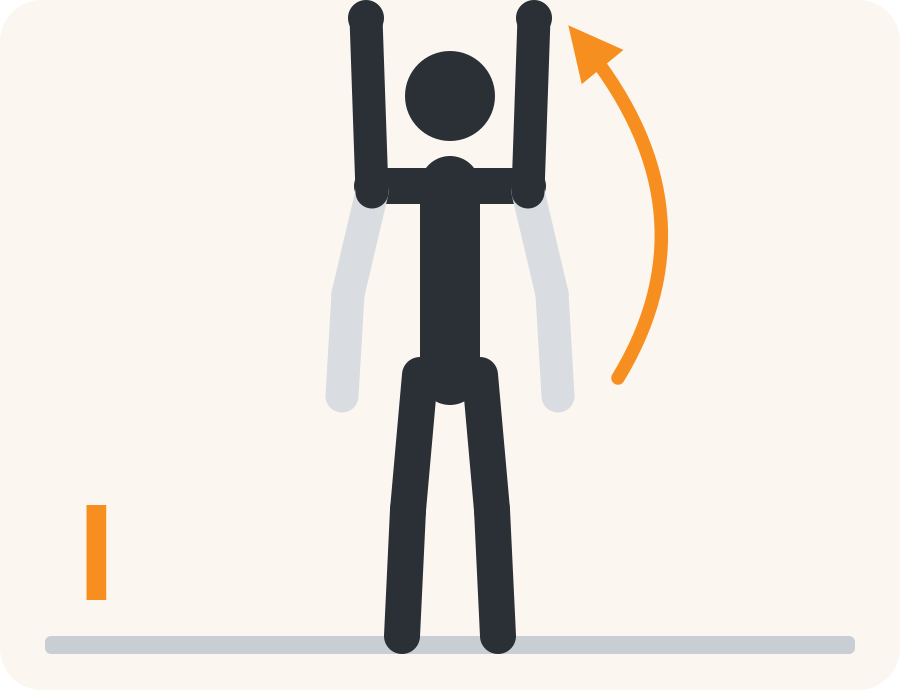 Line drawing of the I raise exercise. The faded figure is the starting position, the dark figure is the finish, and the orange arrow shows the movement.