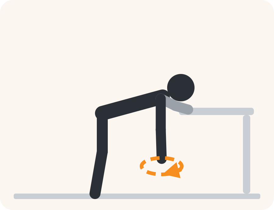 Line drawing of the pendulum exercise. The faded figure is the starting position, the dark figure is the finish, and the orange arrow shows the movement.
