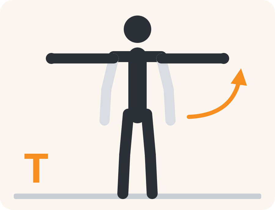 Line drawing of the T raise exercise. The faded figure is the starting position, the dark figure is the finish, and the orange arrow shows the movement.