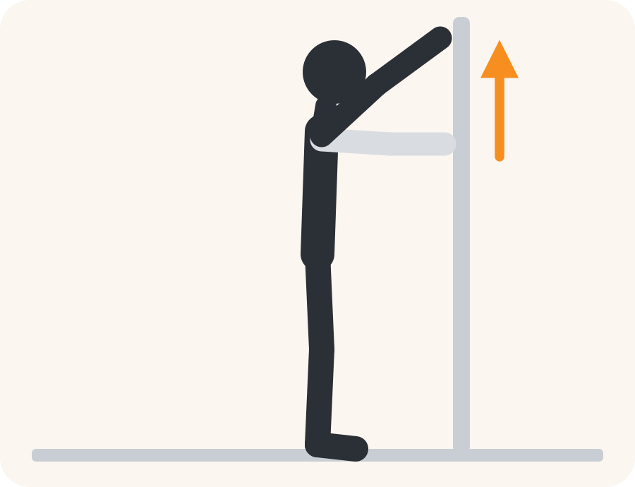 Line drawing of the wall walk exercise. The faded figure is the starting position, the dark figure is the finish, and the orange arrow shows the movement.