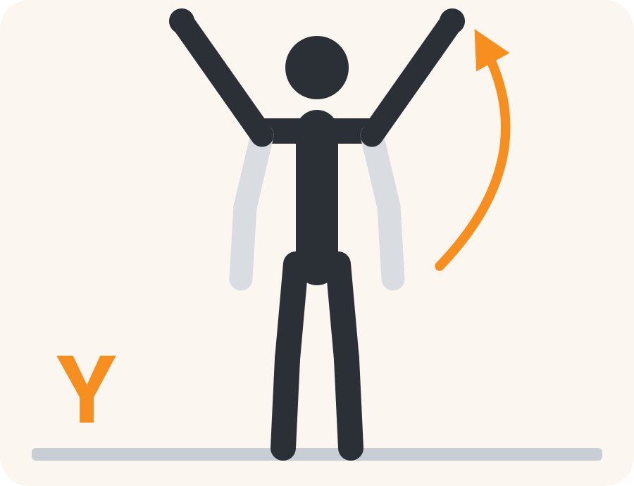 Line drawing of the Y raise exercise. The faded figure is the starting position, the dark figure is the finish, and the orange arrow shows the movement.
